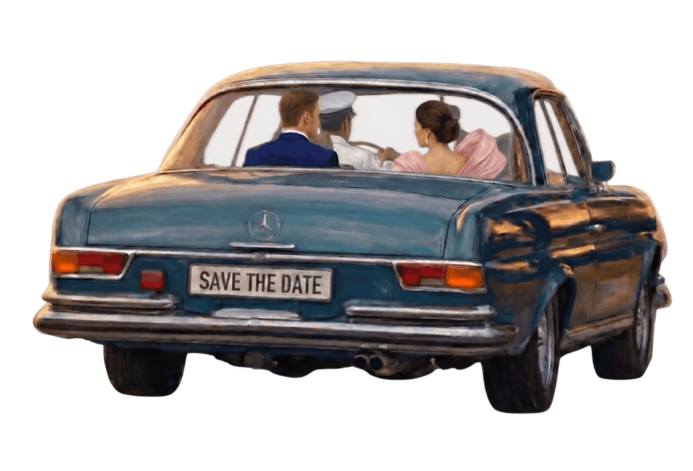 Vintage car arriving, rear view